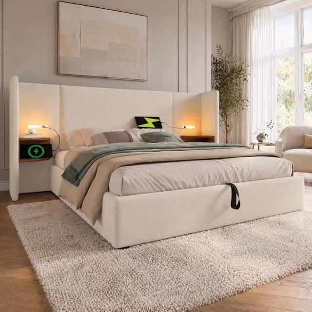 Letto matrimoniale MODFU beige con testiera multifunzione, luce di lettura integrata, porta USB, mensola e contenitore a sollevamento, L/P: 180 x 200 cm