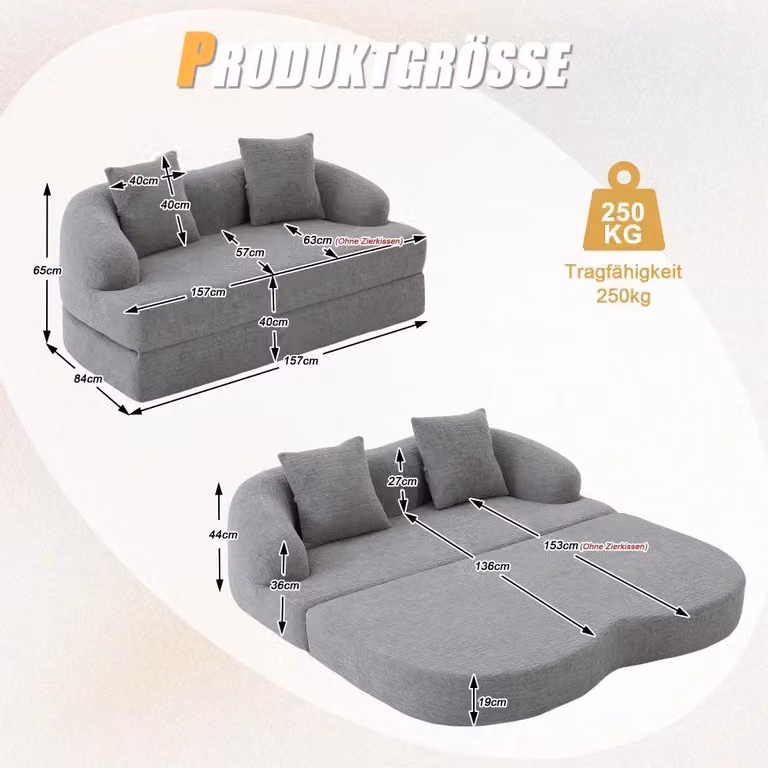 Divano 2 posti in tessuto chenille, trasformabile in letto - Estensibile - Con 2 cuscini - Design moderno - Grigio chiaro
