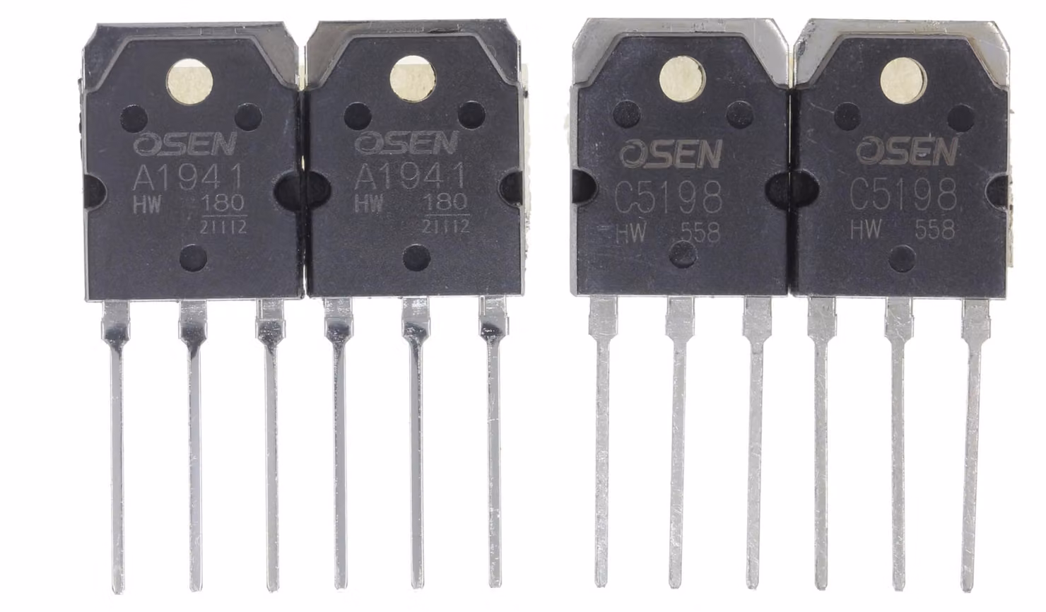 2 coppie di transistor di potenza al silicio NPN e PNP, tipo A1941 + C5198, con package TO-3PN, tensione di 120V, corrente di 11A e potenza di 120W