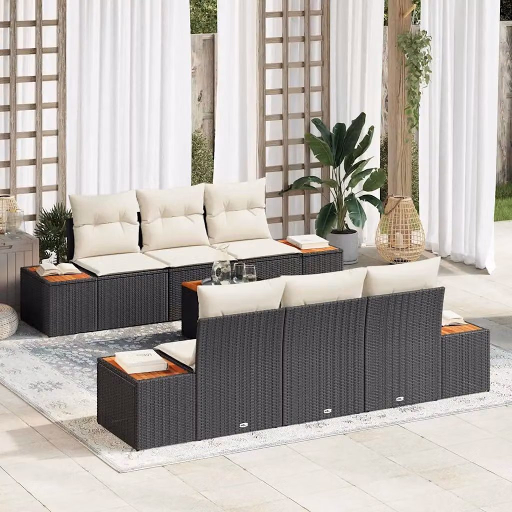 Set Divano da Giardino vidaXL 7 Pezzi a Forma di U in Rattan Nero con Cuscini e Tavolino