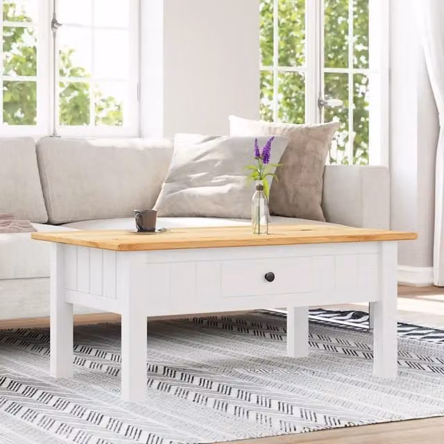 Tavolino Salotto-Tavolino da Soggiorno Bianco 100x60x45cm Pino Massello Panama Range