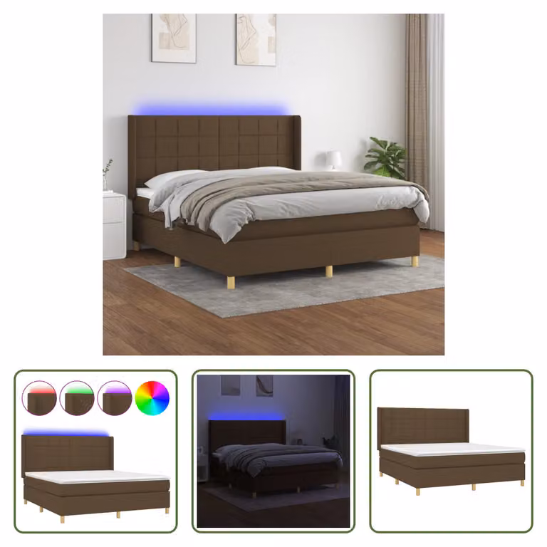 The Living Store Letto a molle con materasso e LED in tessuto marrone scuro 160x200 cm