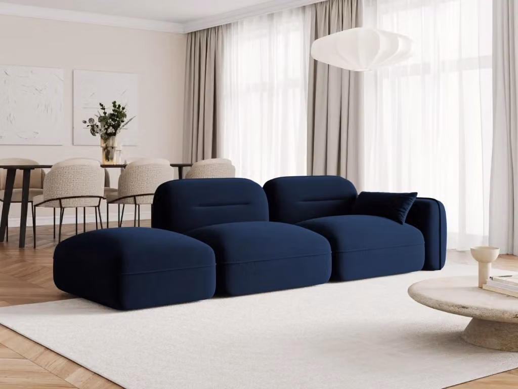 Divano modulare sinistro Sydney di Cosmopolitan Design in velluto blu, 3 posti, L 295 cm x P 70 cm x H 85 cm – 2
