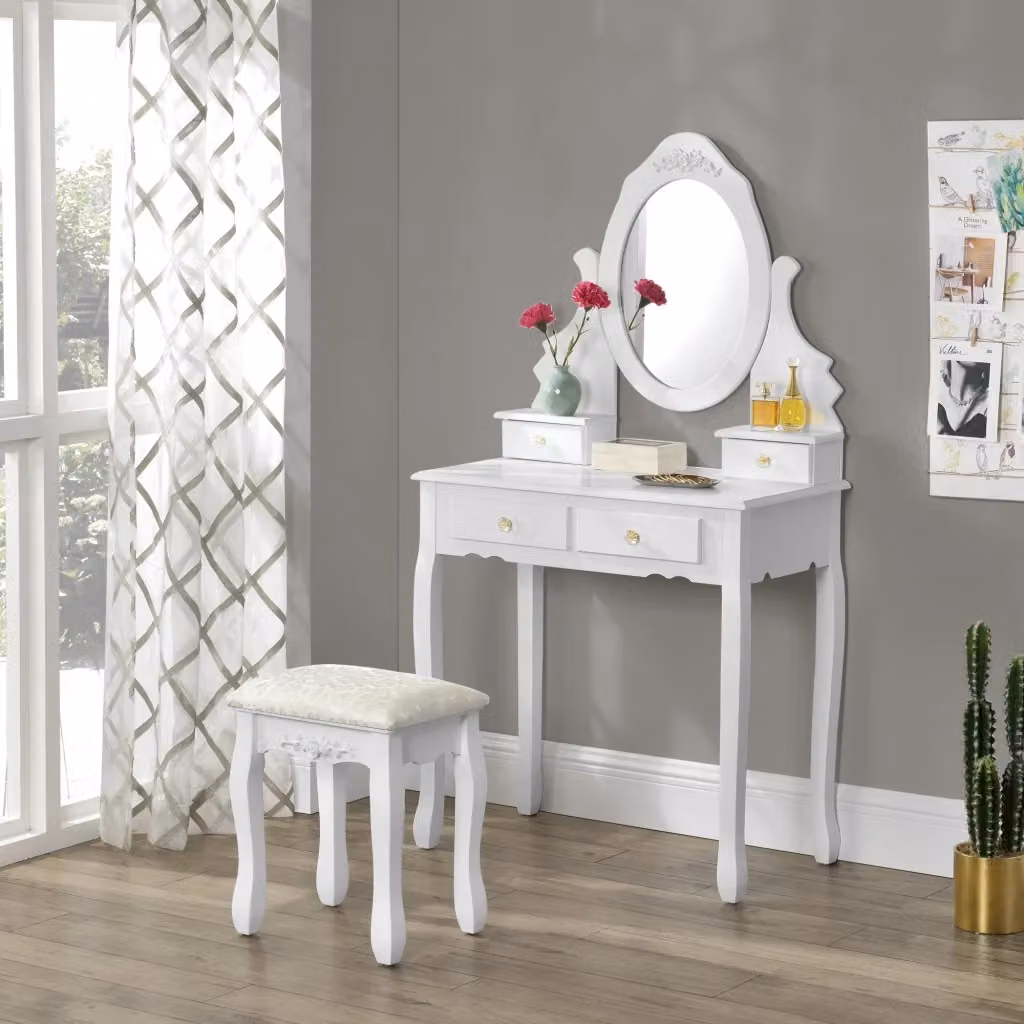 Tavolo da Trucco Limerick con Specchio Integrato e Sgabello Bianco en.casa L: 150 cm, P: 40 cm, H: 75 cm – 2