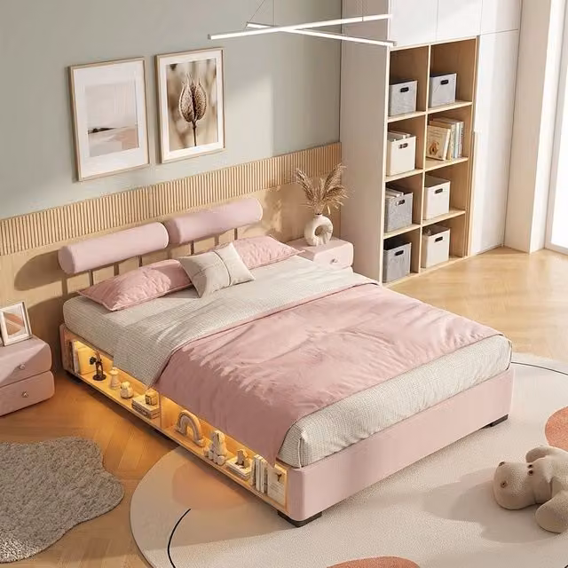 Letto imbottito per bambini ¨C Minimal ¨C Rosa con LED 140x200 cm