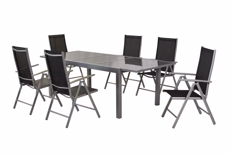 Set di mobili da giardino Merxx Amalfi 7 pezzi, 6 sedie pieghevoli, tavolo allungabile 140 (200) x 90 cm, nero