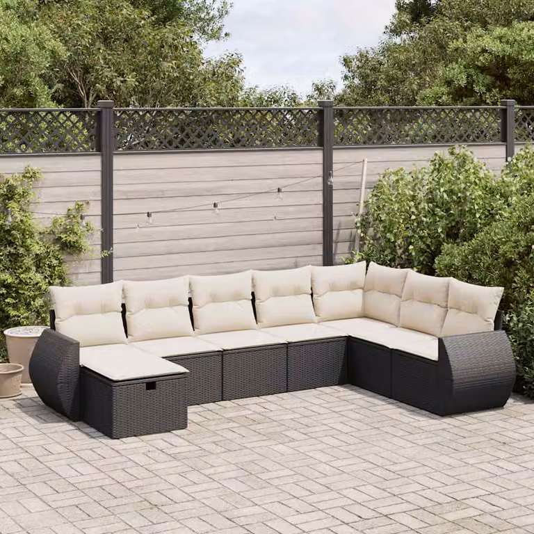 Set Divani da Giardino a L vidaXL in Polyrattan Nero con 8 Cuscini e Ottoman
