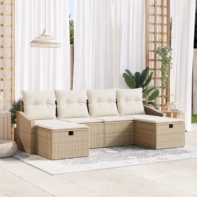 Set di divani da esterno a L vidaXL in rattan beige con 6 pezzi e cuscini inclusi