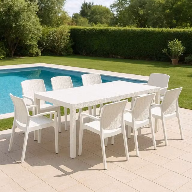 Set salotto da esterno Arret DMORA con tavolo rettangolare allungabile e 8 sedie con braccioli, Bianco – 1