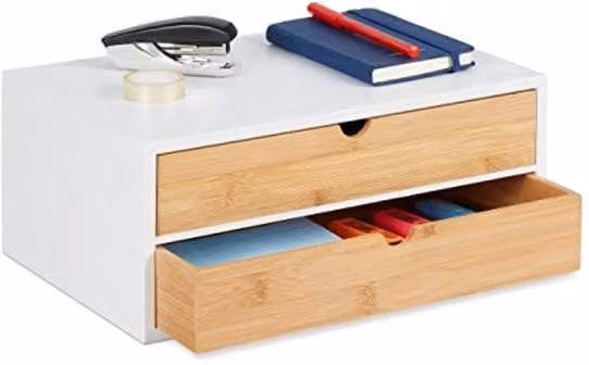 Organizzatore di scrivania con 2 ante in bambù e MDF bianco e natura, L 33 cm x P 14 cm x H 21 cm