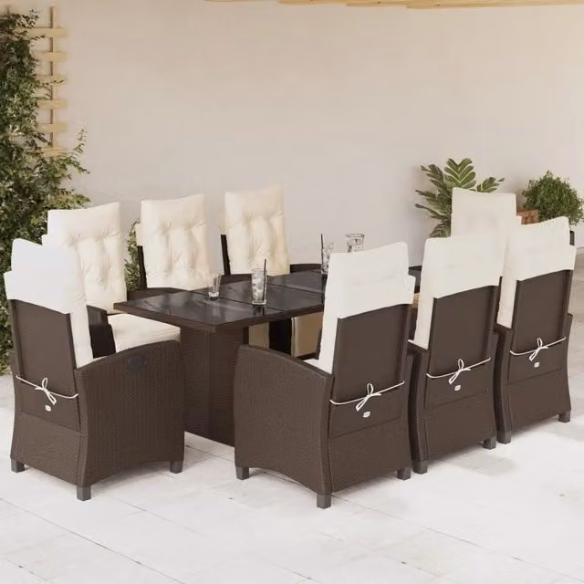 Set da pranzo da giardino vidaXL in polyrattan marrone e bianco con tavolo in vetro, 9 pezzi