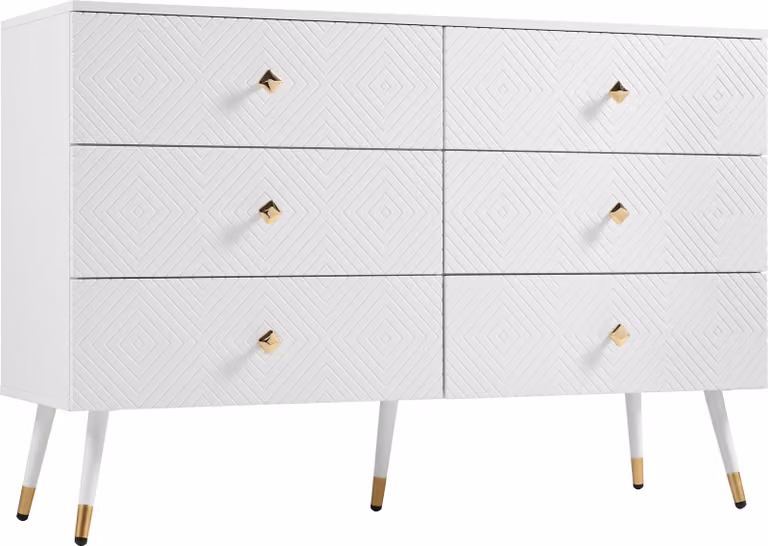 LVHOM cassettiera con 6 cassetti e gambe in metallo, cassettiera credenza Scandi, mobile TV credenza, bianco