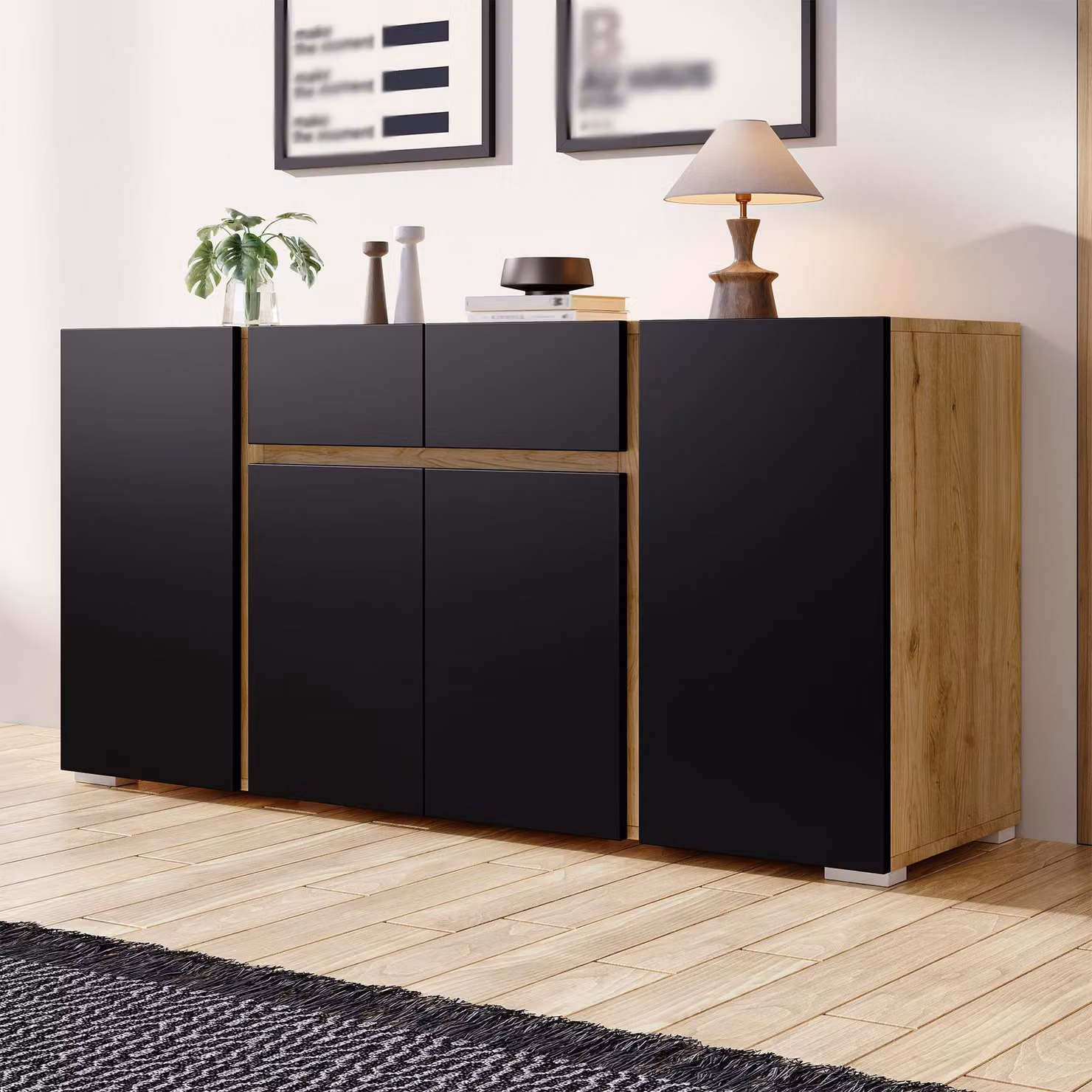 Mobile contenitore STILVORA con 4 ante e 2 cassetti, comò con ripiani interni regolabili, mobiletto laterale in MDF, mobile per il soggiorno