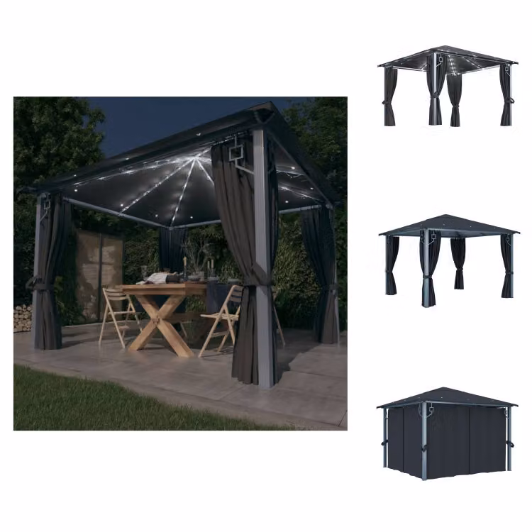 vidaXL Padiglione con tende e luci LED 3x3 m in alluminio antracite - Padiglioni e tende per feste
