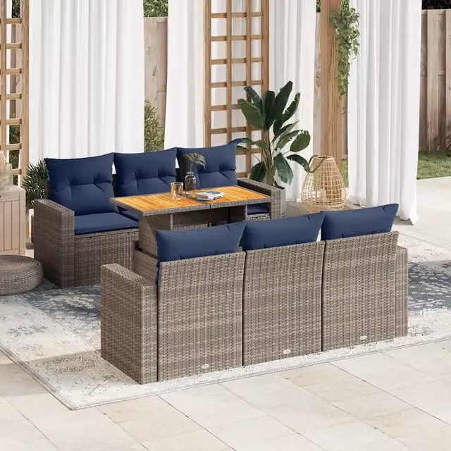 Set Divani da Giardino 7 pz con Cuscini Grigio in Polyrattan 3327001