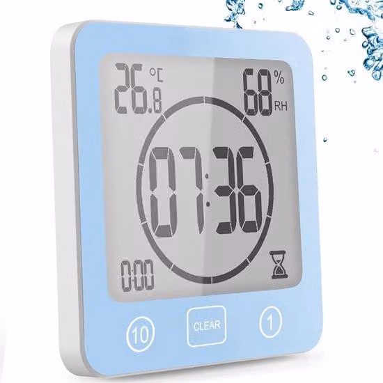 Timer digitale per la doccia con termometro e igrometro, blu, sistema di allarme LCD, per cucina e bagno.