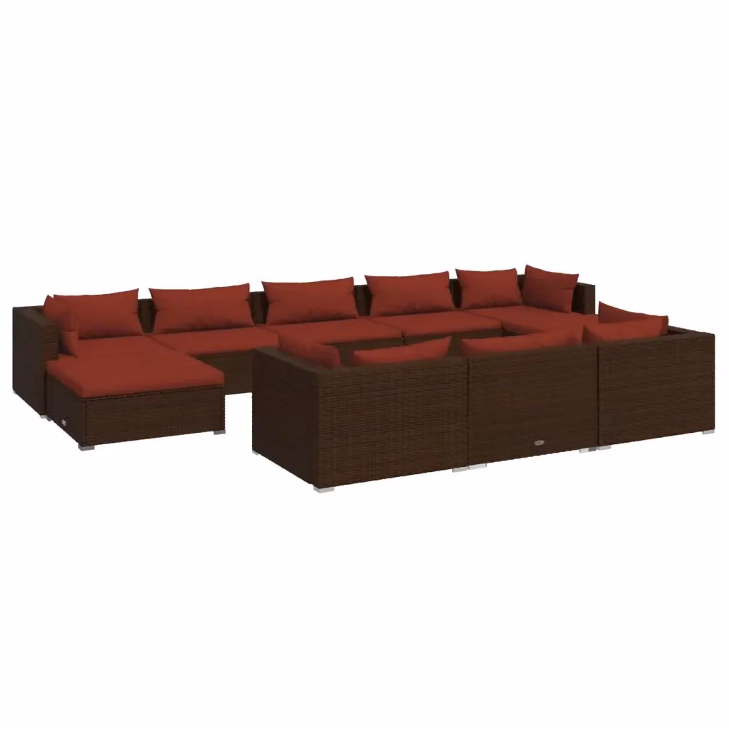 vidaXL Set Divani da Giardino 10 Pezzi in Polyrattan Marrone con Cuscini e Struttura in Acciaio Verniciato a Polvere – 2
