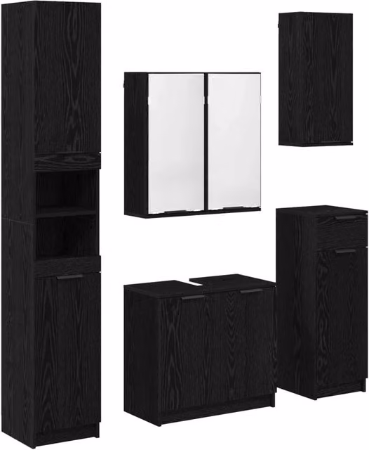 Set di mobili per il Bagno | Armadio da bagno 5 pz Rovere Nero Legno multistrato