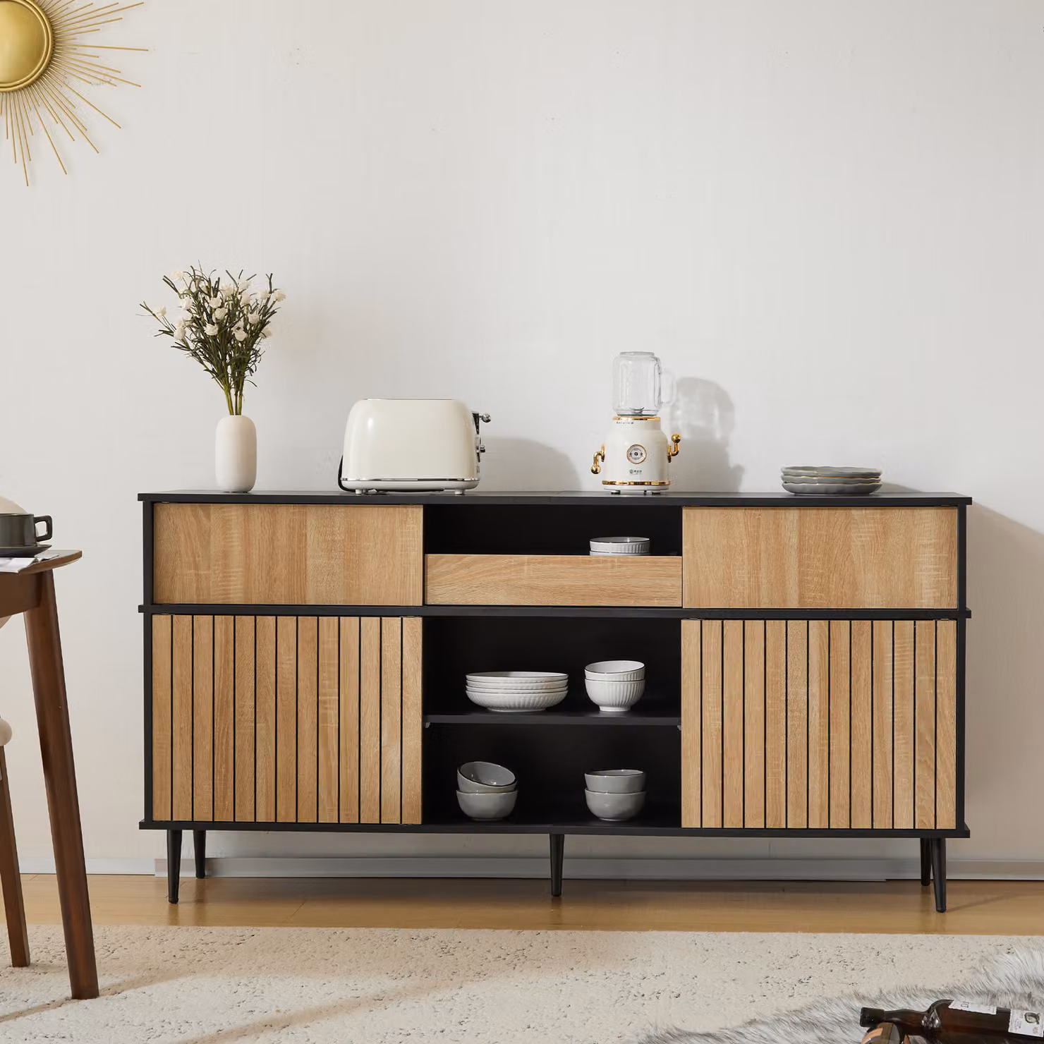 mobile da cucina okwish 160×40×80 cm, cassettiera con 4 ante scorrevoli e 1 cassetto, naturale + nero