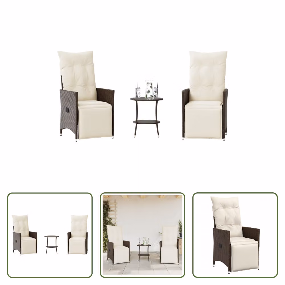 The Living Store Set bistrot 3 pezzi con cuscini in poly rattan marrone