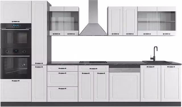 Cucina componibile Vicco R-Line Bianco rustico e Antracite con armadio alto, larghezza: 350 cm