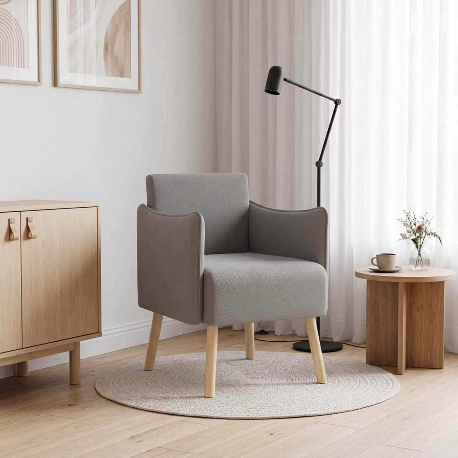 Sedia d'accento moderna vidaXL in velluto grigio con braccioli e struttura in legno