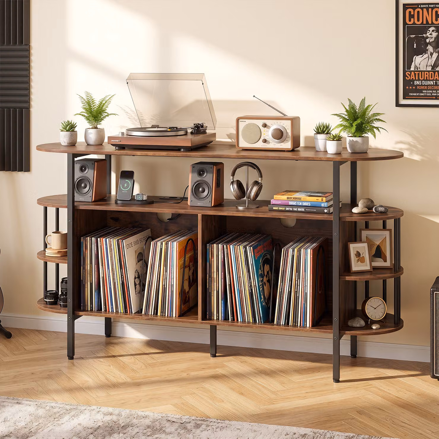 Mobile per giradischi Costway marrone con stazione di ricarica, luce LED integrata e telecomando, 3 livelli, ideale per soggiorno o studio, L: 76 cm, P: 40 cm, H: 140 cm