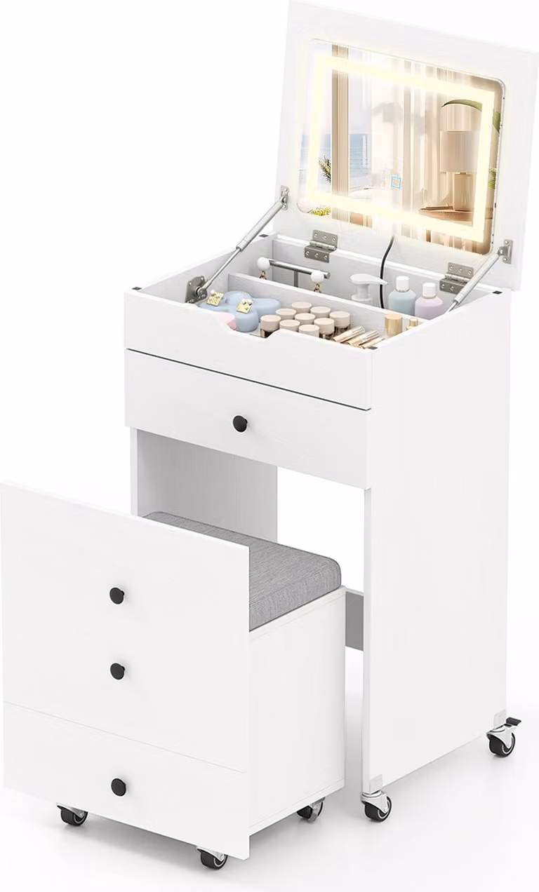 COSTWAY Set piccolo tavolino da trucco 3 in 1 su rotelle, tavolino da trucco con specchio ribaltabile, illuminazione, cassetti e sgabello imbottito