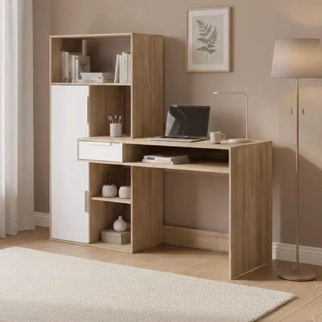 Scrivania Annalou DMORA con un cassetto, design moderno, Bianco e Rovere, L: 162.8 cm, P: 60.35 cm, H: 155.4 cm