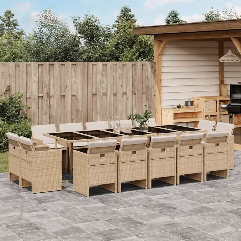 vidaXL Set da Pranzo da Giardino 15 pz in Polyrattan con Cuscini Beige e Tavolo in Vetro
