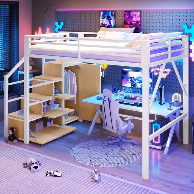 Letto a soppalco WISHDOR moderno in metallo e MDF bianco con armadi, illuminazione LED sottostante e scala integrata, L/P/H: 200 x 140 x 170 cm