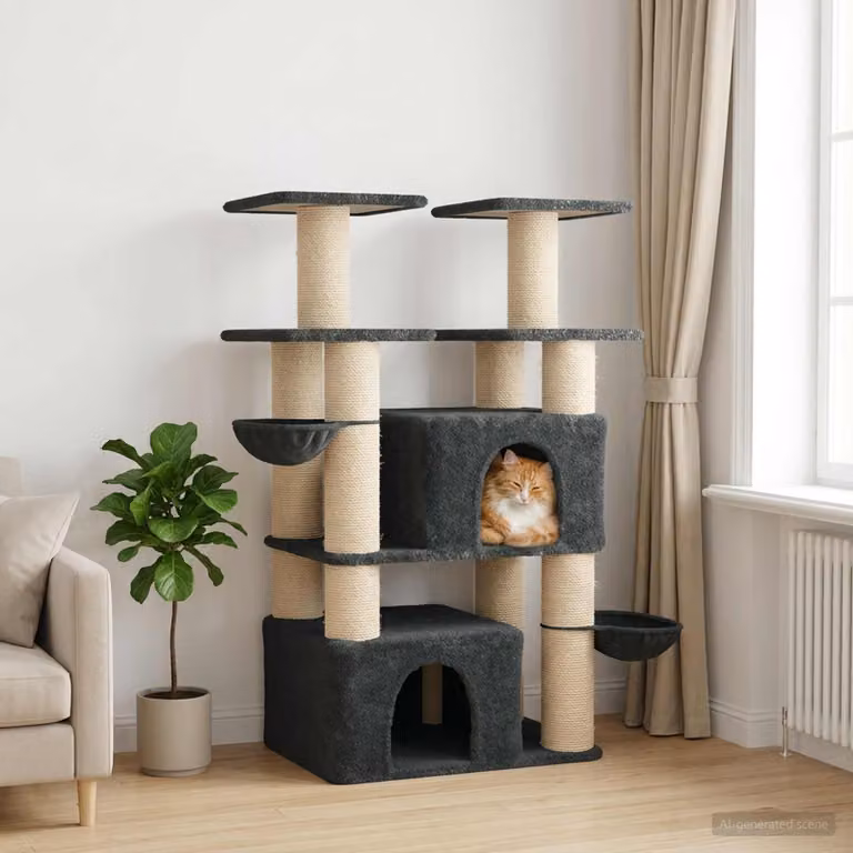 Albero per gatti vidaXL con pali in sisal, grotta e giocattoli integrati, Grigio Scuro