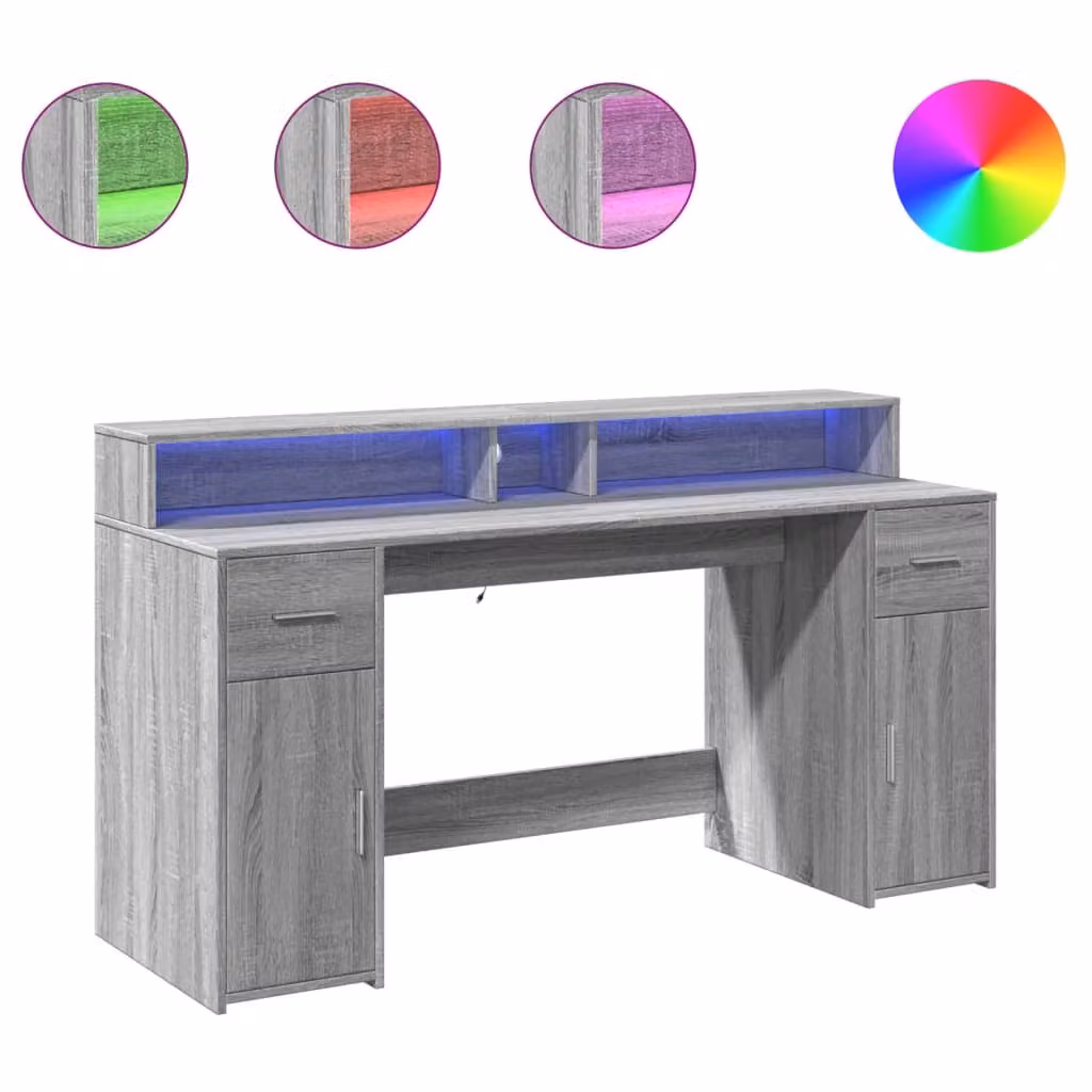 Scrivania con Luci LED Grigio Sonoma 160x55x91cm in Multistrato