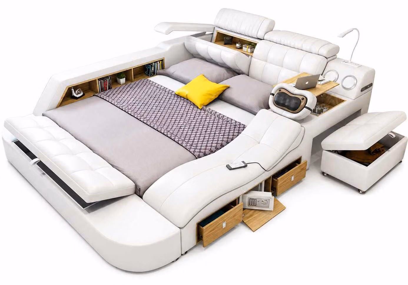Letto multifunzionale di alta qualità, bianco, con spazio contenitore e funzioni relax