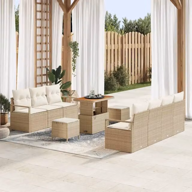 Set da giardino vidaXL composto da 10 pezzi in rattan beige con struttura in acciaio e cuscini inclusi