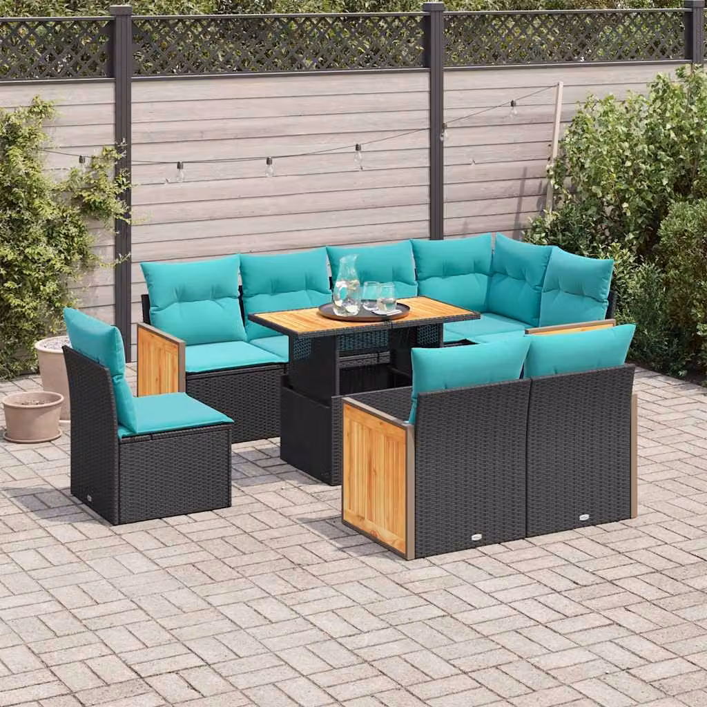 Set di divani da giardino vidaXL 9 pz in polyrattan con cuscini e tavolino da esterno, design moderno a L, colori nero, blu e turchese con struttura in legno di acacia e metallo