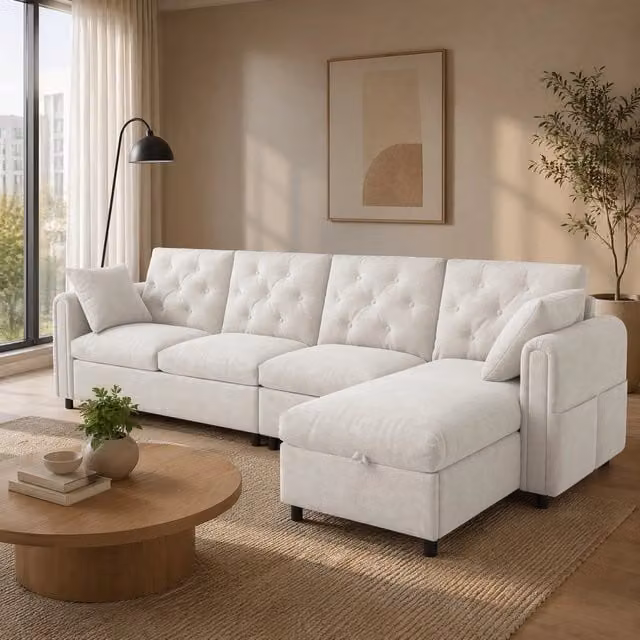 Divano angolare a L REDOM in velluto beige con funzione letto e coperture rimovibili L/P/H: 281 x 132 x 86 cm
