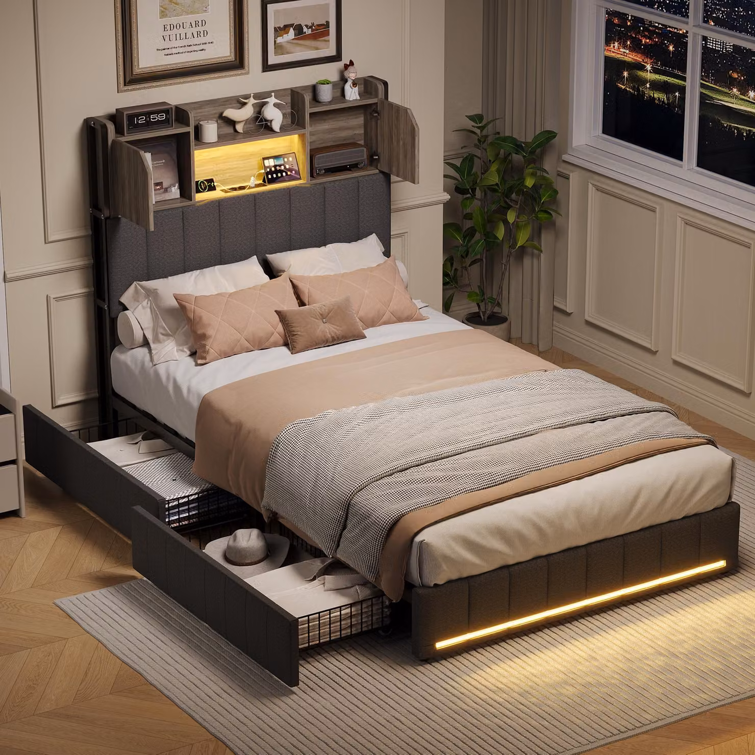 Letto singolo UnboxG 90x200 cm con LED e USB, 2 cassetti, contenitore per testiera, letto contenitore in tessuto di lino grigio