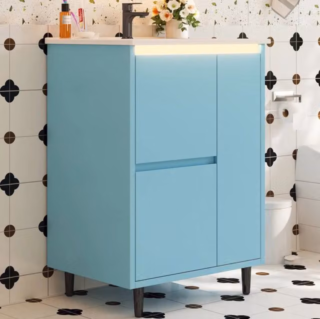 Mobile lavabo da bagno freestanding blu con lavabo in ceramica, ante con cassetti e chiusura soft-close, L: 61.0 cm, P: 46.5 cm, H: 87.0 cm