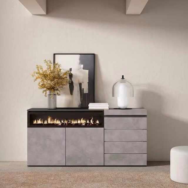 Credenza, 157x35x75cm, Camera da letto, Camino elettrico, Cassettiera, grigio cemento RF3406