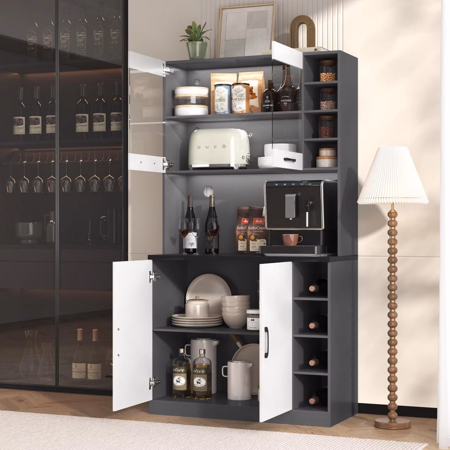 Mobiletto da cucina buffet, dimensioni 100x47x187 cm, colore bianco, con illuminazione a LED e vano per il microonde