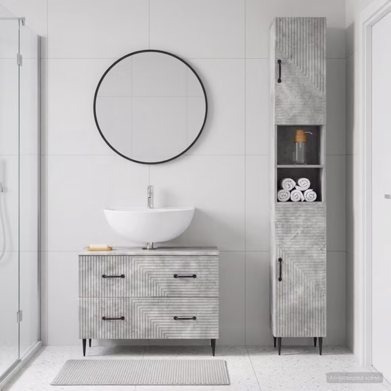 Set di mobili da bagno HAARLEM vidaXL composto da 2 pezzi, colore grigio cemento, design moderno con armadietto pensile e mobile sottolavabo con ripiani interni