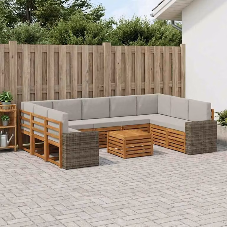 Set di divani da esterno vidaXL in legno di acacia con cuscini, composizione a L con tavolino, colore beige e grigio