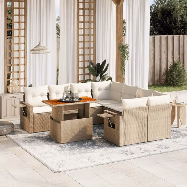 vidaXL Set Divano da Giardino a L 9 pz in Polyrattan con Cuscini Beige e Tavolino da Esterno
