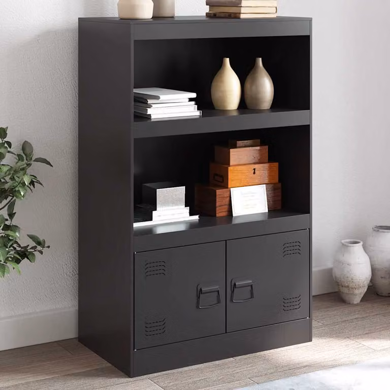 Credenza moderna vidaXL in metallo nero opaco con ante a battente e ripiani interni, L: 67 cm, P: 39 cm, H: 107 cm