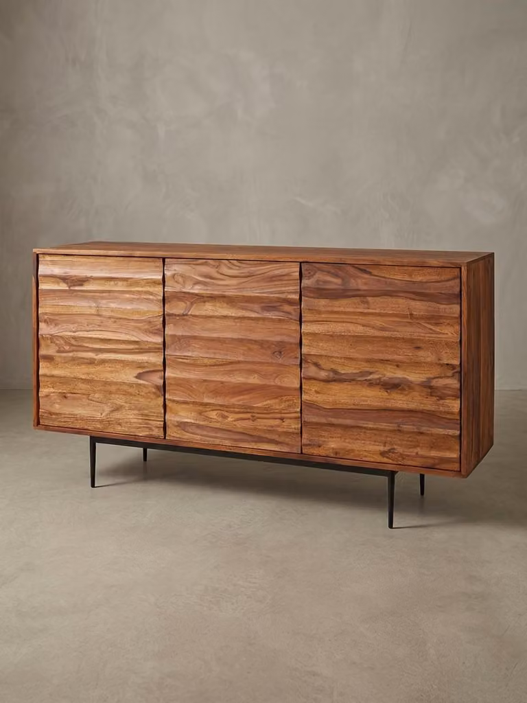 Credenza WL5.635 in legno massello di sheesham 150x81x41 cm Comò in stile rustico, credenza di design grande, comò alto con 3 ante in legno massello, mobile da soggiorno moderno