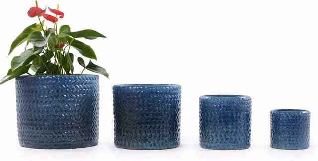 Set di 4 vasi ULEVR in ceramica blu scuro ?37/31/24,5/17,5 cm con foro di drenaggio e rilievo a spina di pesce