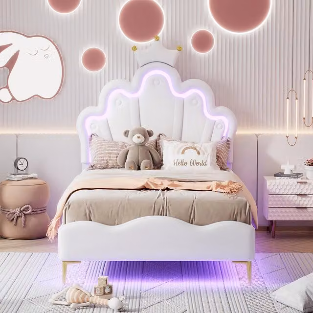 Letto a baldacchino per bambini moderno con illuminazione sottostante LED, Bianco, L 90 x P 200 x H 203 cm