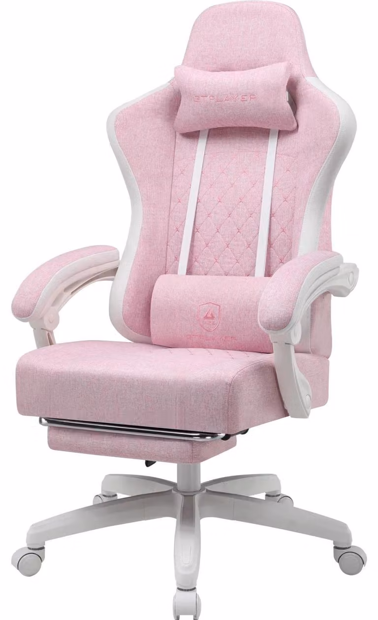 Sedia da gaming - Sedia da scrivania ergonomica - Rivestimento in tessuto - Seduta con molle insacchettate - Braccioli integrati - Poggiapiedi - Regolabile in altezza - Girevole con rotelle - Bianco-rosa
