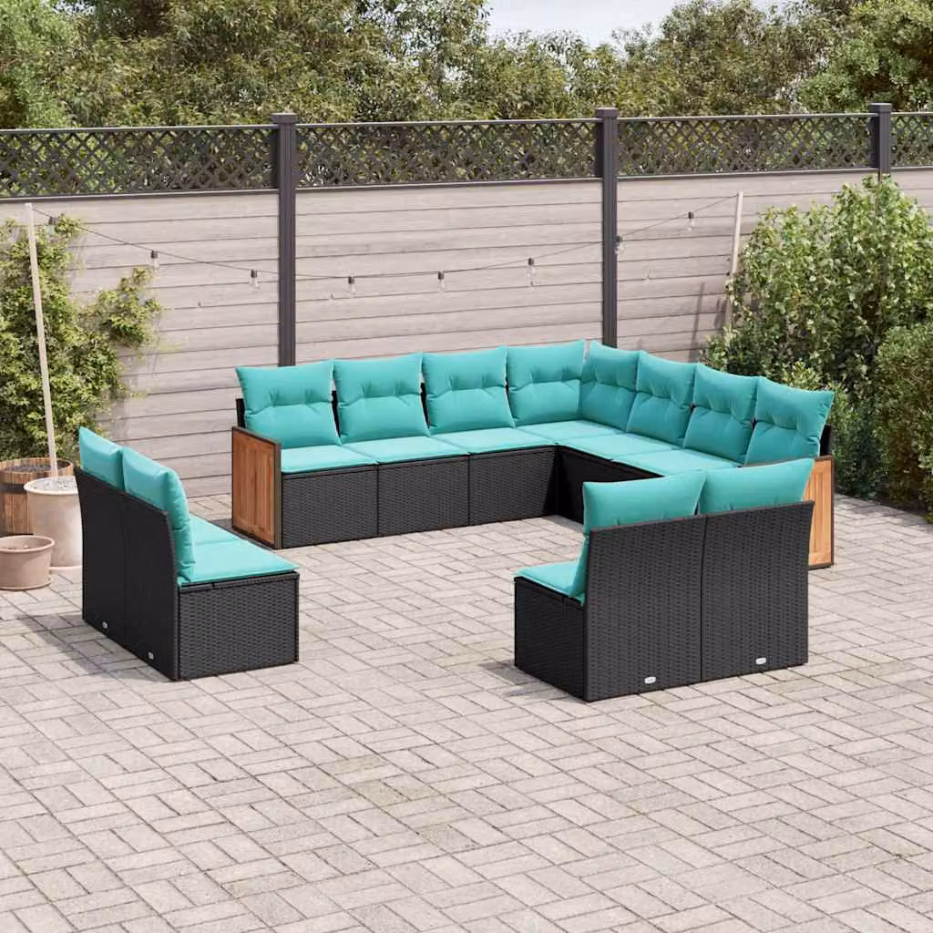 Set di divani da giardino vidaXL 11 pz a forma di U in rattan con cuscini blu e turchese e struttura in legno di acacia e metallo
